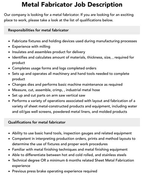 jobs are available in metal fabrications|metal fabricator job duties.